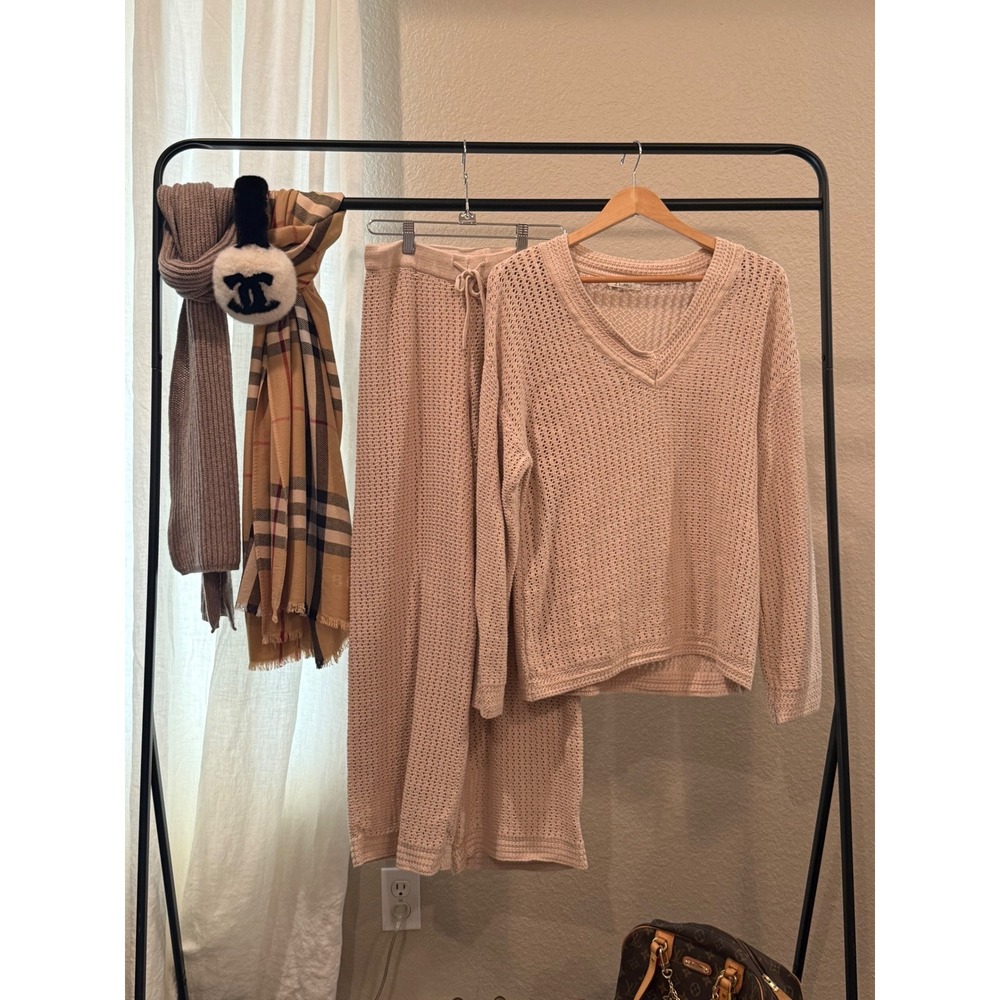 Z Supply Pink Knit Lounge Set V-Neck Sweater & Wide Leg Pants Small
